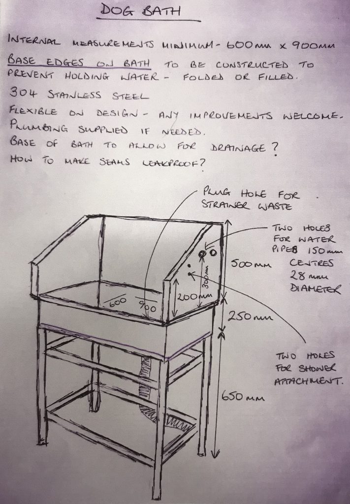 A pencil drawing of a dog bath with handwritten design notes