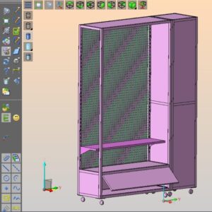 initial CAD design of an exhibition display stand with storage compartments.