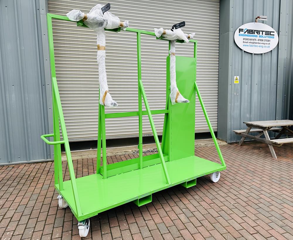 Bespoke storage and transportation trolley, made in mild steel and finished with lime green powder coating.